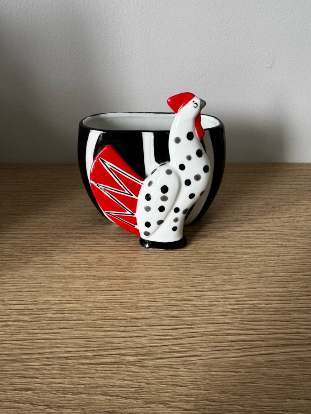 Decorative Black, White & Red Ceramic Hen Planter